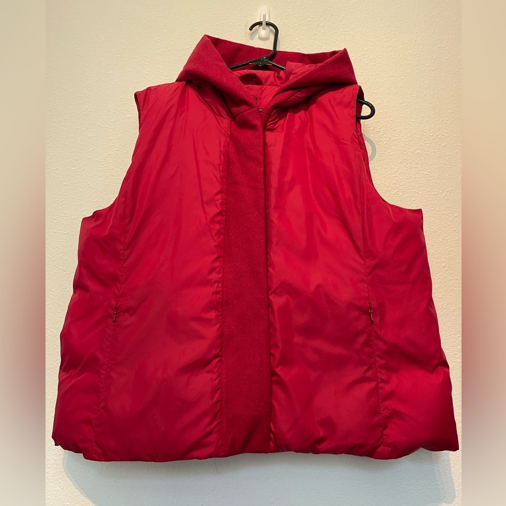 Eileen Fisher Womens Deep Red Down Vest Full Zip Snap Hooded Pockets Warm EUC XL - Picture 2 of 10
